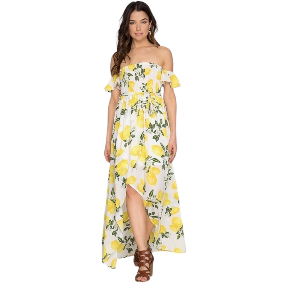 Off Shoulder Lemon Print Hi-Low Ruffle Sun Dress - Picture 5 of 7